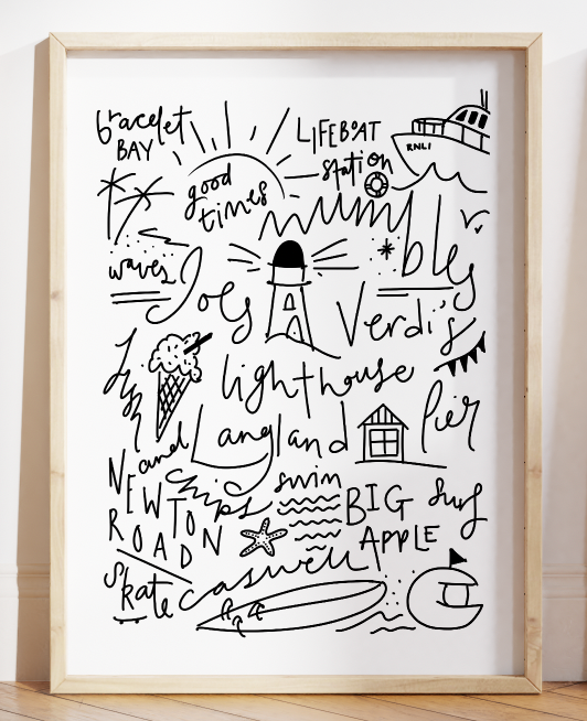 Mumbles Doodle Prints Monochrome By Travel Prints Wales