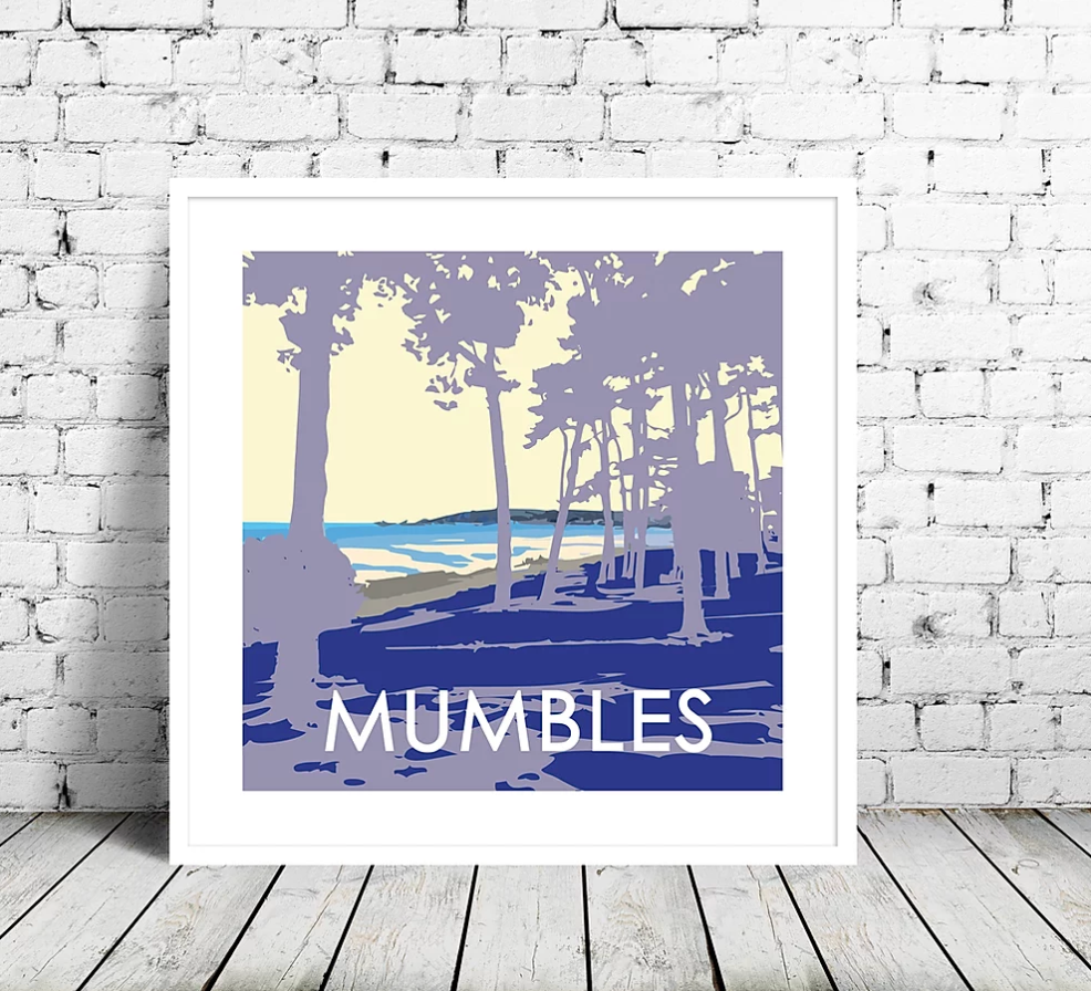 mumbles prints showing swansea bay seafront through the trees by travel prints wales