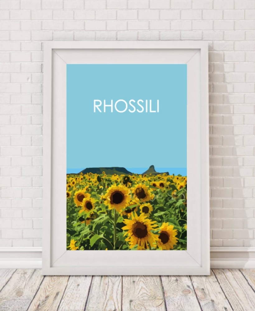 rhossili sunflowers in front of worms head print by travel prints wales
